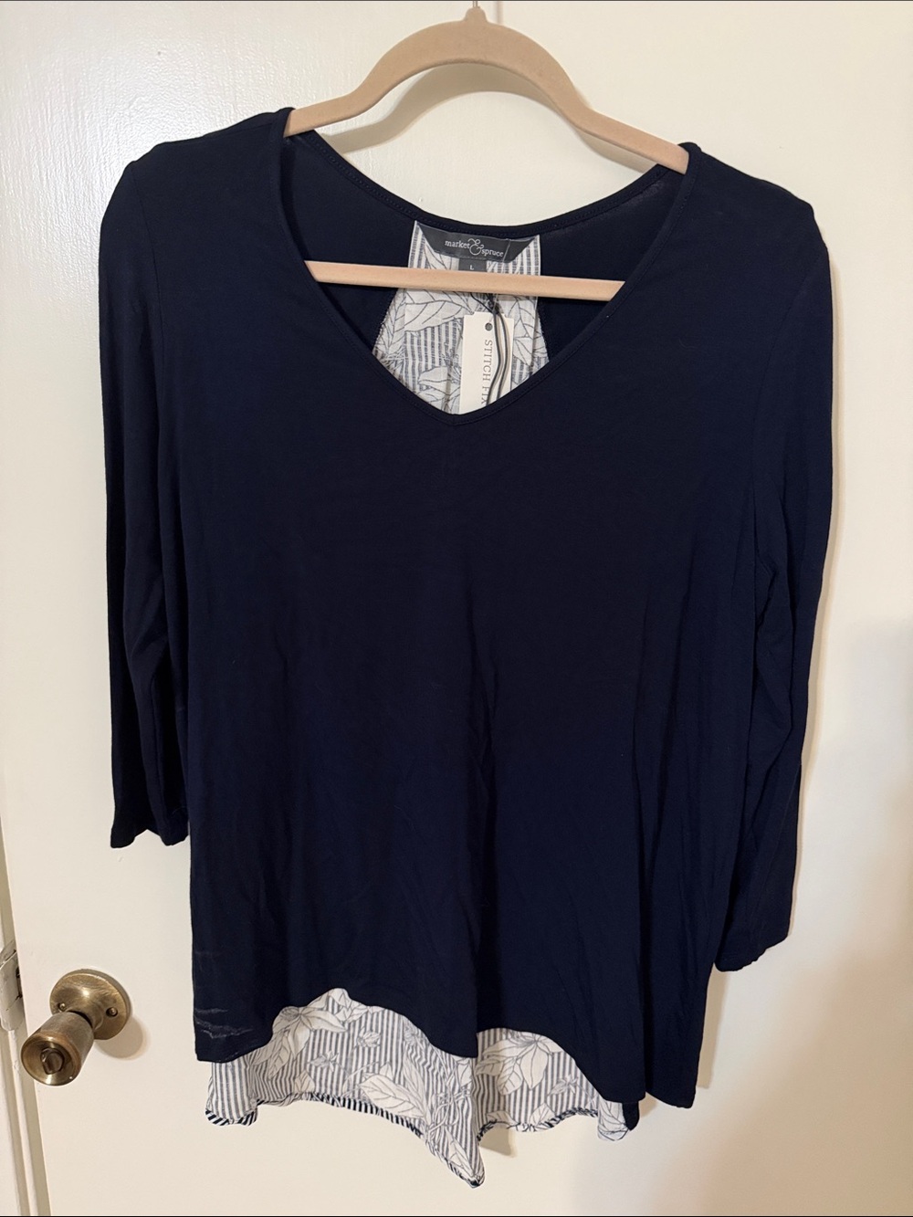 Signature Studio Navy Layered V-Neck Tunic with Patterned Hem